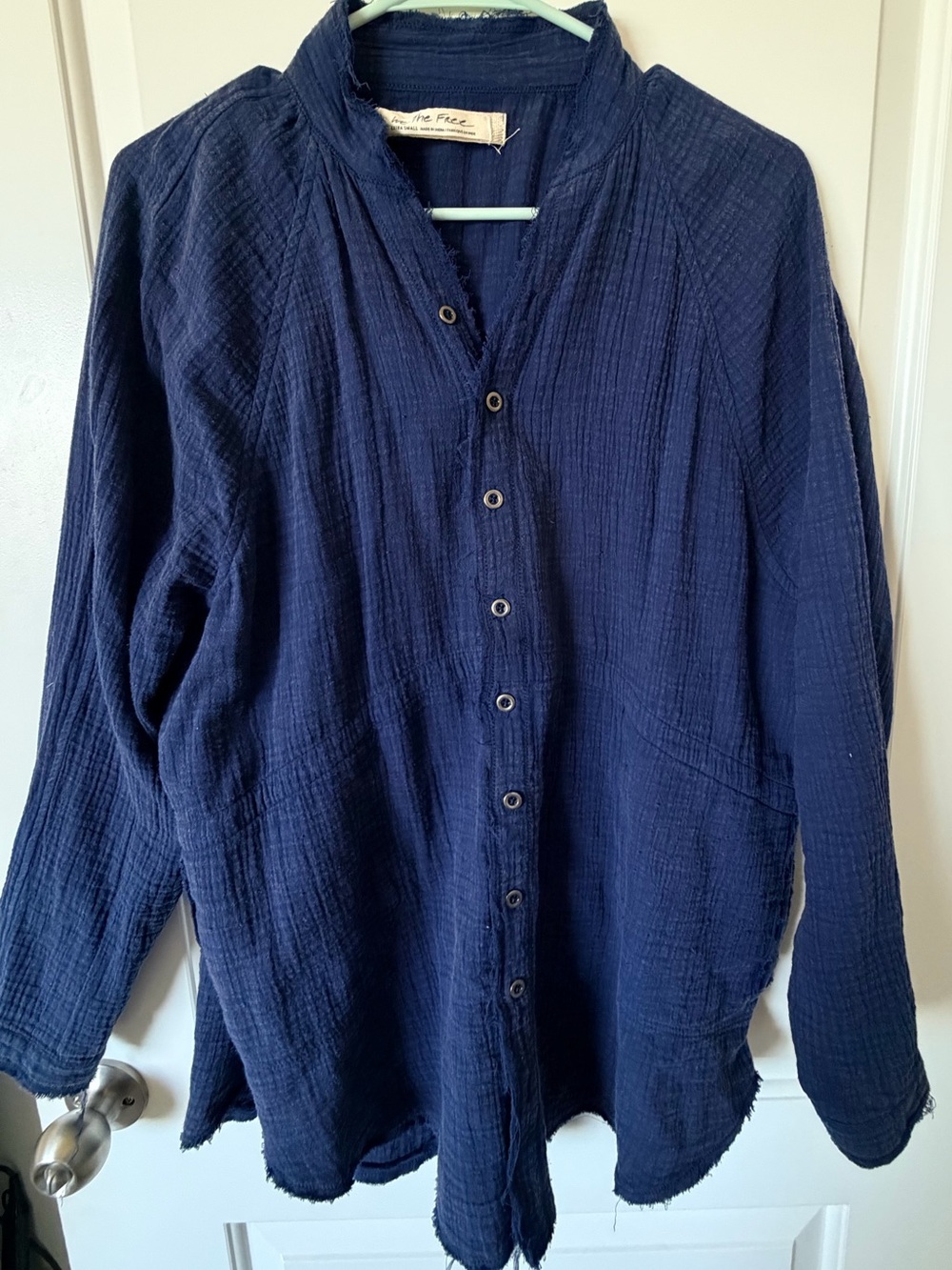 Free People We The Free Navy Cotton Gauze Button-Up Shirt